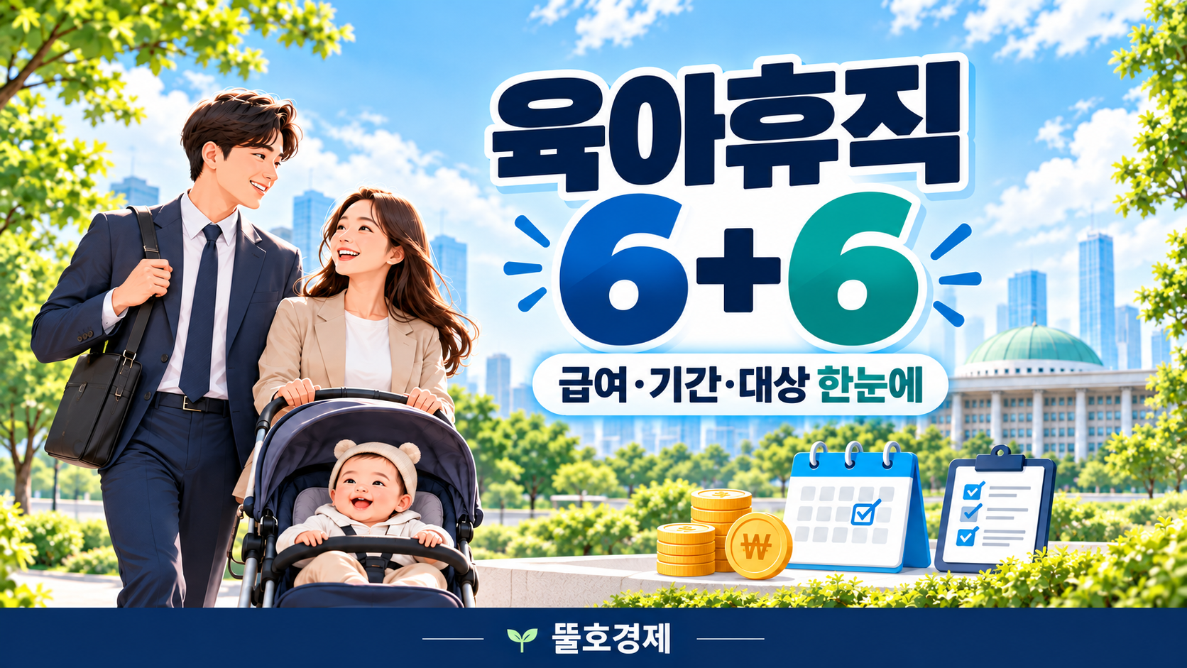 육아휴직 6+6 급여·기간·대상 안내와 부모·아기 일러스트, 뚤호경제