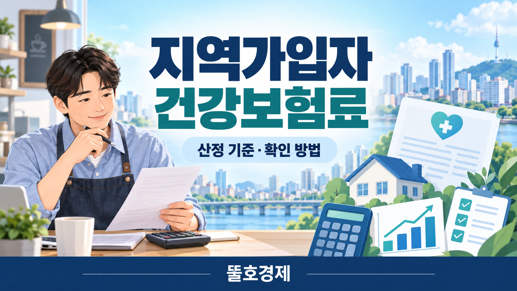 지역가입자 건강보험료 산정 기준과 확인 방법을 표현한 뚤호경제 일러스트